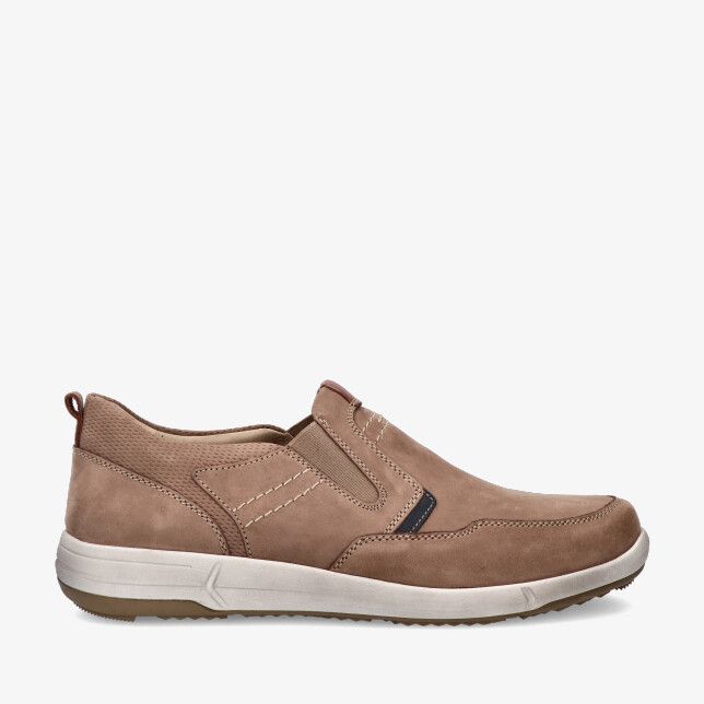 Taupekleurige nubuckleren slip-on van Josef Seibel ENRICO 25304 751 251 met elastiek en witte zool met stiksels