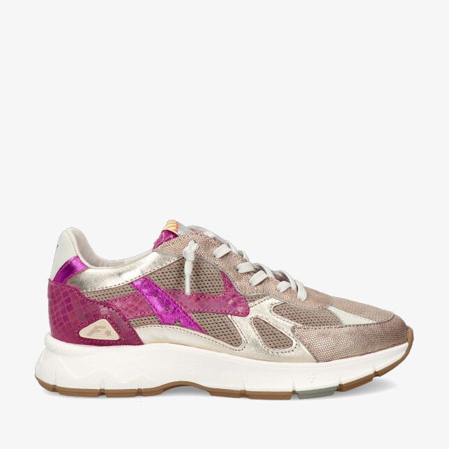 Bronzen Floris van Bommel DAYSI SFW-10152 92-01 sneaker in leren combi met fuchsia details reptielhiel en dikke zool