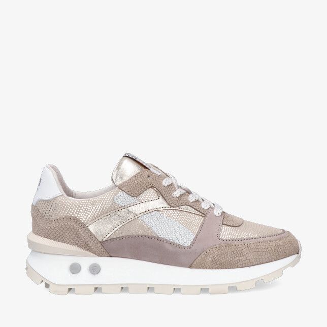 Taupekleurige leren combinatie sneaker Floris van Bommel BLOKKI SFW-10157 34-02 met metallic accenten mesh en profielzool