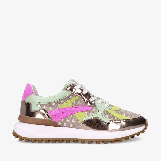 Floris van Bommel NOPPI SFW-10153 92-01 sneaker in bronzen lakcombi met mintgroene en roze accenten en polkadot mesh