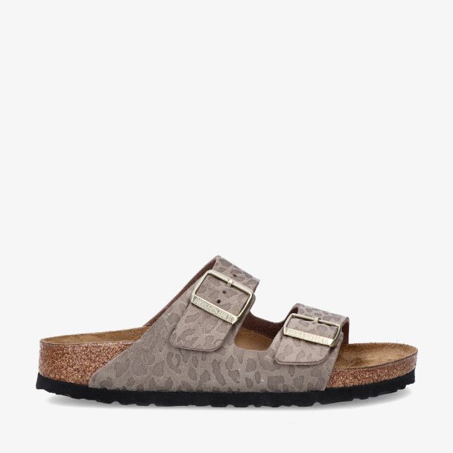 Taupekleurige synthetische Birkenstock Arizona 1031941 met twee verstelbare gespen kurken voetbed zwarte zool en dierenprint