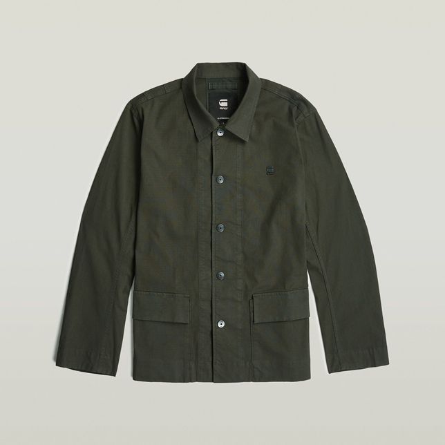 Groene G-Star Raw jas model D28835-D920 B575 met kraag knoopsluiting grote klepzakken en subtiel borstlogo van gladde stof