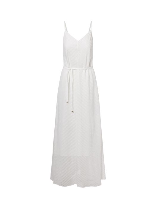 Witte maxi-jurk Beaumont Alyssa BC16850261 1100 met V-hals spaghettibandjes ceintuur en subtiele diagonale streepstructuur