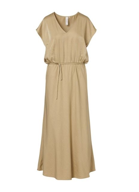 Beige maxi-jurk Beaumont AYMEE BC13350261 2780 met V-hals korte kapmouwen elastische taille met koord en zwierige rok