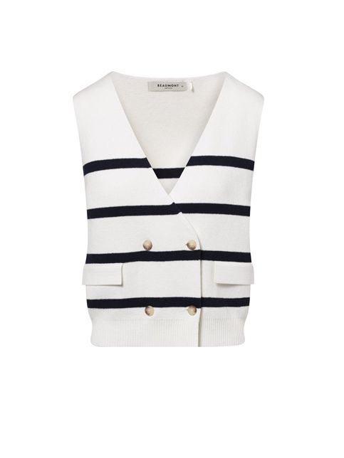 Gebroken witte Beaumont Marcella BC82041261 2140 gebreid gilet met V-hals blauwe strepen gouden knopen en klepzakjes