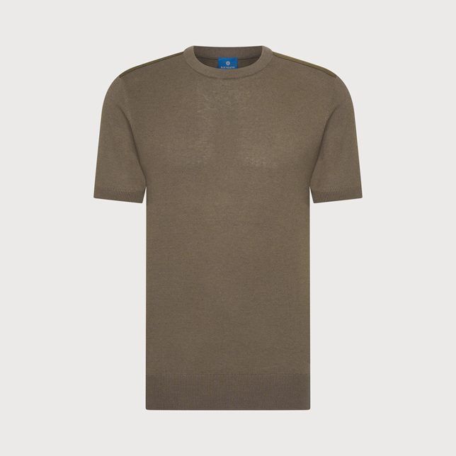 Taupebruine fijngebreide T-shirt met korte mouwen van Blue Industry model KBIS26-M11 met ronde hals en ribboorden