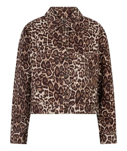 Bruine EsQualo jas model SP26.12000 999 met luipaardprint knoopsluiting shirtkraag en twee opgestikte zakken kort gesneden