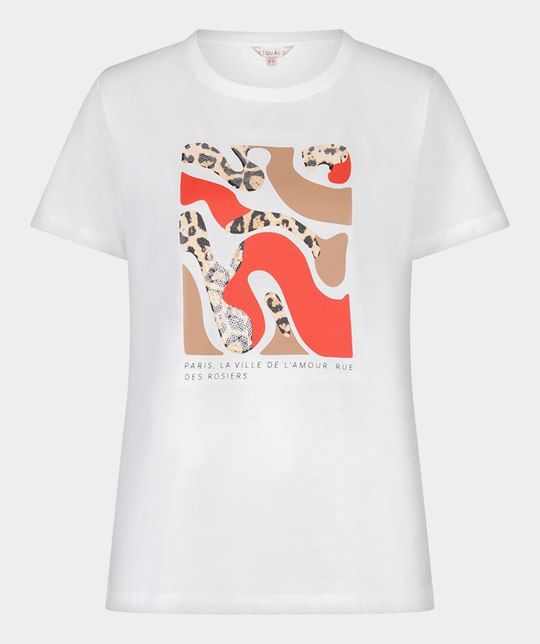 Wit T-shirt van EsQualo model SP26.05014 976 met ronde hals en abstracte print met rood beige en luipaardaccenten