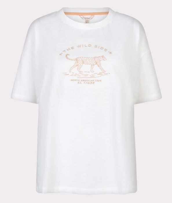 Witte EsQualo T-shirt met losse pasvorm ronde hals en zachtroze luipaardprint op de borst model SP26.05013 960