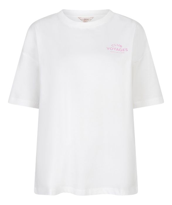 Witte EsQualo T-shirt SP26.05015 976 met relaxed fit ronde hals en klein roze Club Voyages borstprint