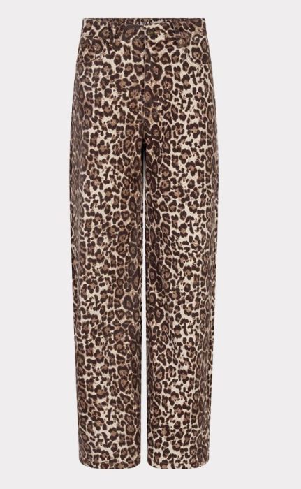 Bruine EsQualo broek model SP26.12001 999 met luipaardprint en rechte pijpen in jeansstijl met riemlussen