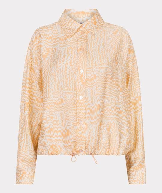 Oranje EsQualo blouse SP26.10020 999 met kraag knoopsluiting lange mouwen marmerprint en trekkoord aan de zoom