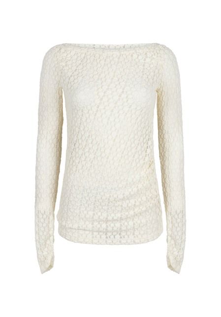 Gebroken witte top Aaiko Gemma CO 132 114300 met lange mouwen semitransparant reliëfpatroon en aangesloten pasvorm