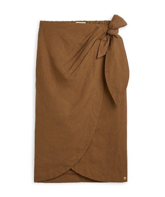 Bruine wraprok van Josh V model NIJRA JV-2605-0503 567 met grote strik linnenlook en afgeronde overslag
