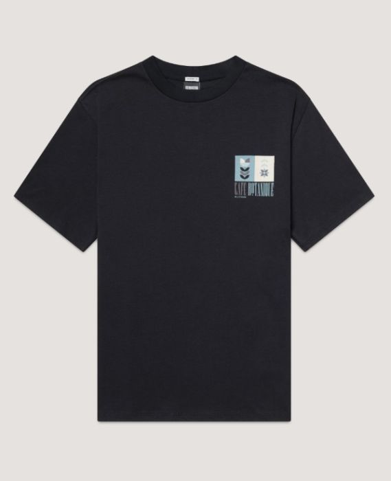 Donkerblauwe Kultivate Botanique T-shirt model 2601010204 319 met kleine borstprint met botanisch motief en ronde hals