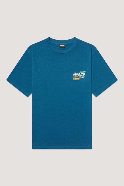 Blauwe Kultivate TS MOJITO 2601020205 746 T-shirt met ronde hals korte mouwen en kleine tropische borstprint