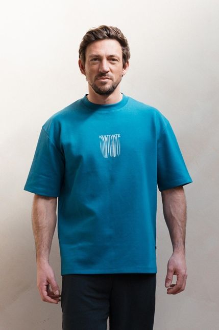 Blauwe Kultivate TS Luxury Melt T-shirt met ronde hals en kleine witte borstprint 2601020209 746