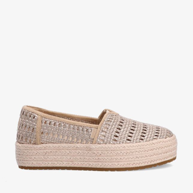 Toms Valencia 10021921 espadrille in gouden metallic leer met gevlochten plateauzool en opengewerkt bovenwerk
