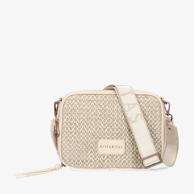 Witte leren Hispanitas crossbodytas 264720 Butter met rechthoekig geweven patroon brede canvas schouderband en logo patch