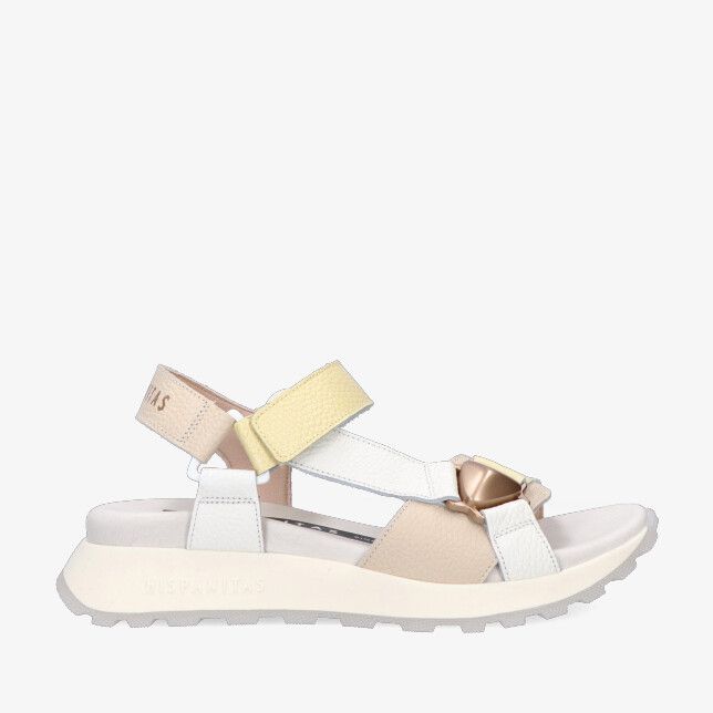 Beige leren sandaal van Hispanitas 264807-2 met witte en gele bandjes goudkleurige detailring en dikke profielzool