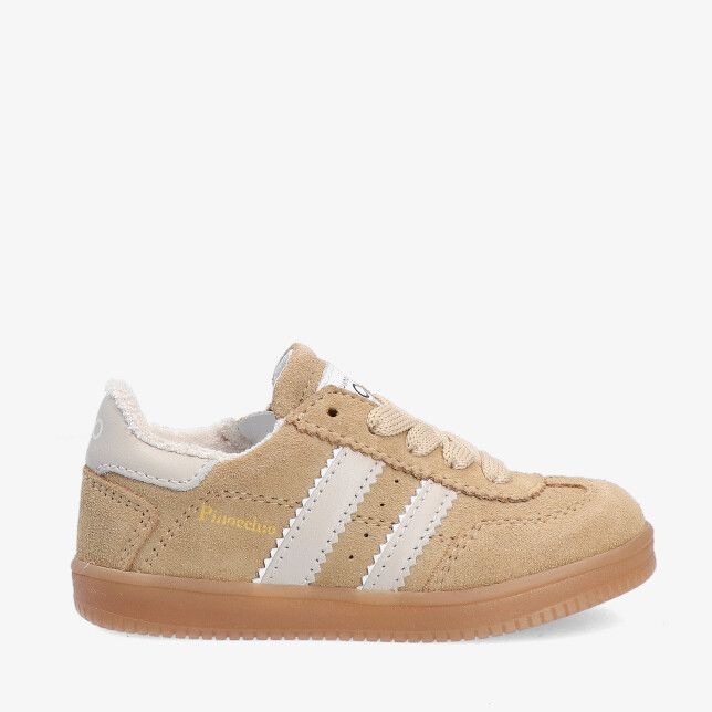 Beige suède Pinocchio P1500 36CO-B1 sneaker met witte strepen veters en rubberen zool met warme teddyvoering