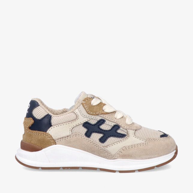 Beige suède Pinocchio P1829 22C0-FC kindersneaker met mesh panelen donkerblauwe applicaties en witte zool