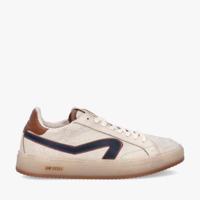 Beige leren HIP Shoestyle H1516 22CO A1 sneaker met donkerblauw golvend detail opzij bruine hiel en transparante rubberzool
