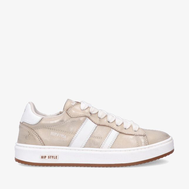 Gouden HIP Shoestyle H1102 96CO lage sneaker in metallic leer met witte strepen veters en witte zool met bruine loopzool