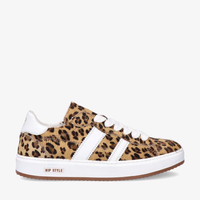 Beige leren HIP Shoestyle H1102 36CO PC sneaker met luipaardprint witte strepen witte veters en witte zool met bruine rand