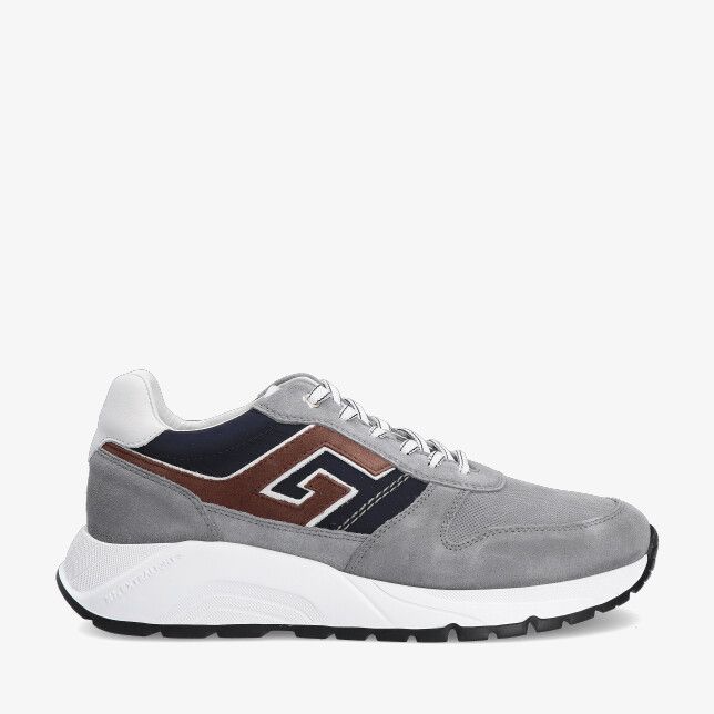 Grijze Greve Arnhem 7276 03-XF-3328 sneaker in leercombi met suède navy panelen en bruine G-detail dikke witte zool