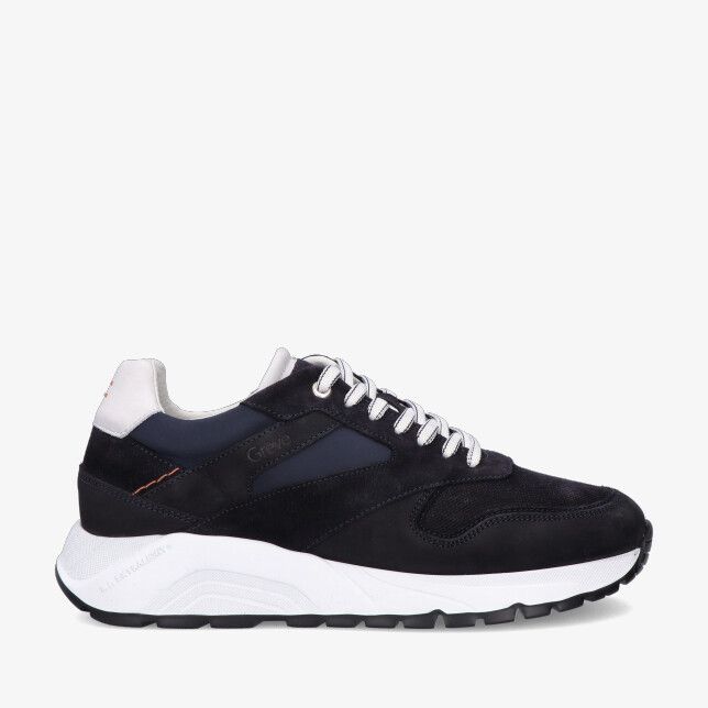 Blauwe suède sneaker Greve Arnhem 7274 03-XF-3423 met witte dikke zool contrasterende veters en reliëfprofiel