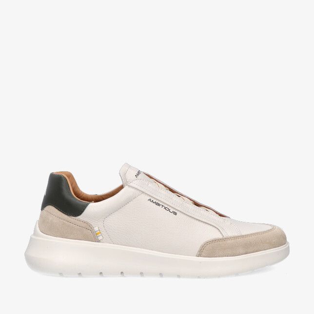 Beige leren combi sneaker Ambitious HOVER 13721A 7333AM met suède accenten witte chunky zool en donkergroene hielkap