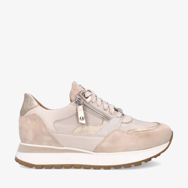 Beige Footnotes ELKE 31.007 1027 sneaker in leercombinatie met suède panelen zijrits en witte plateauzool met profiel