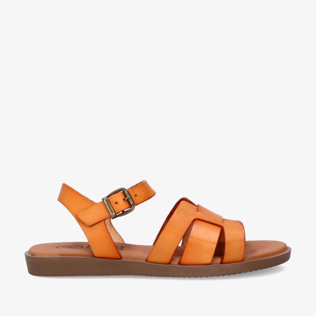 Oranje leren sandaal Heeshoes 26363 Mango met gekruiste bandjes en verstelbare gesp op een platte rubberzool