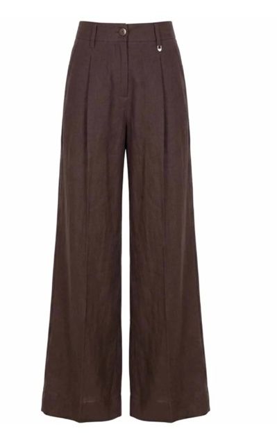 Bruine MAC Britt broek model 3438 00 0294 293 met hoge taille wijde pijpen frontplooien riemlussen en knoopsluiting