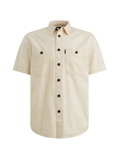 Beige PME Legend overhemd PSIS2603270 7013 met korte mouwen geweven patroon twee borstzakken en donkere knopen