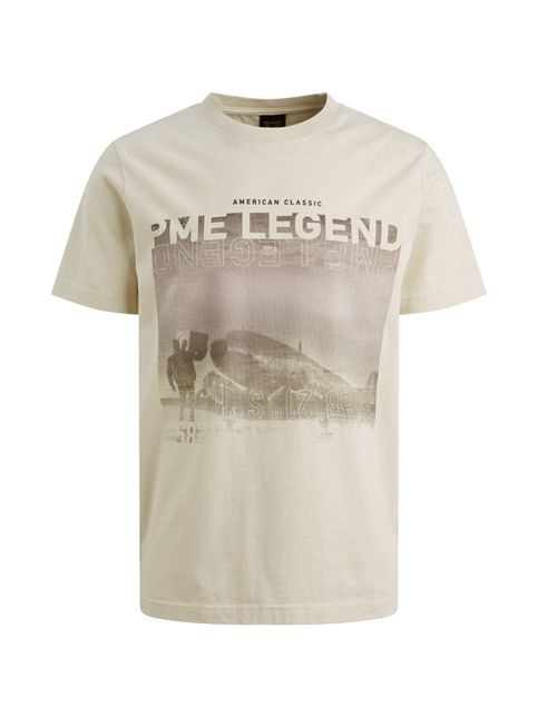 Beige PME Legend T-shirt PTSS2603570 7013 met ronde hals korte mouwen en grote vervaagde vliegtuigprint op de borst