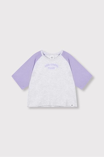 Grijze Alix Mini T-shirt model 62603819499 940 met lila raglanmouwen ronde hals en subtiele borstprint
