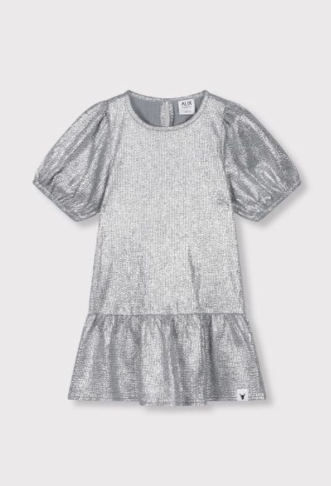 Zilveren Alix Mini jurk model 62603301463 850 met pofmouwen ronde hals en ruchezoom met glanzende textuur