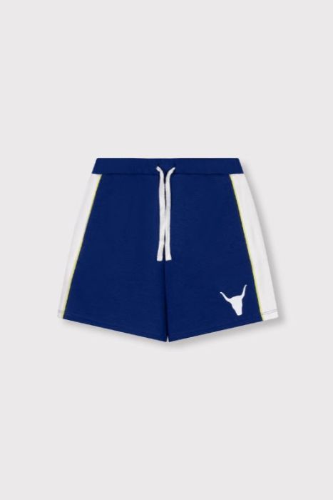 blauwe Alix MINI short met wit koord en witte zijpanelen met gele bies en stierlogo model 62603173481 186