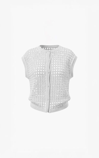 Witte Aimee The Label NoaS6 gebreide top met opengewerkte textuur ronde hals knoopsluiting en geribde boorden