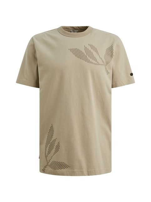 Beige Cast Iron T-shirt CTSS2603506 8023 met ronde hals korte mouw en subtiele gestreepte bladprint