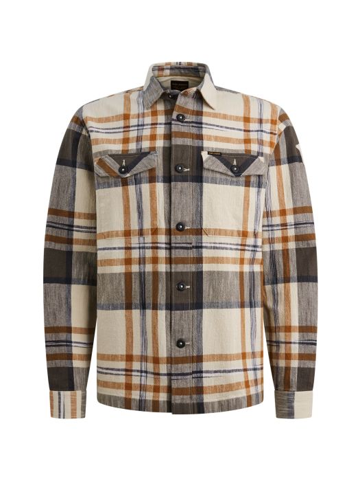 PME Legend overhemd ecru model PSI2602218 8127 geruite flanel look met knoopsluiting en twee borstzakken met klep