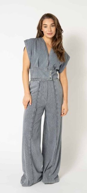 Blauwe EST'SEVEN Bohic Destroyed Denim jeans in gestreept denim met hoge taille wijde pijpen en brede ceintuur met knopen
