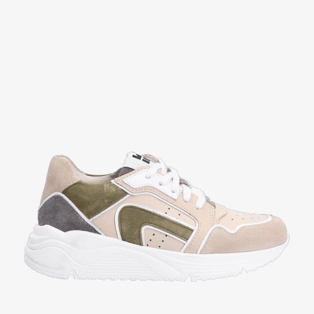 Beige leren sneaker van Lef model LF20260470 9736 met suède look witte veters en zool met olijfgroene en grijze details