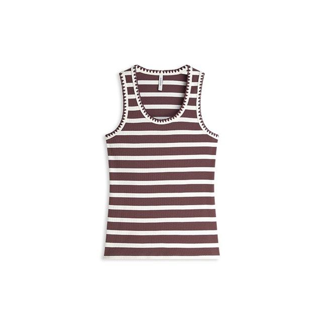 Bruine Summum top Stripe met festonsteek 3s5309-30781 763 ribgebreid met witte strepen en ronde hals mouwloos