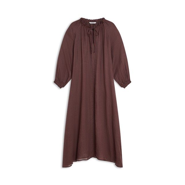 Paarse Summum-jurk van ramie 5s1647-12462 334 met losse maxi pasvorm gerimpelde hals met strik en 3/4 mouwen