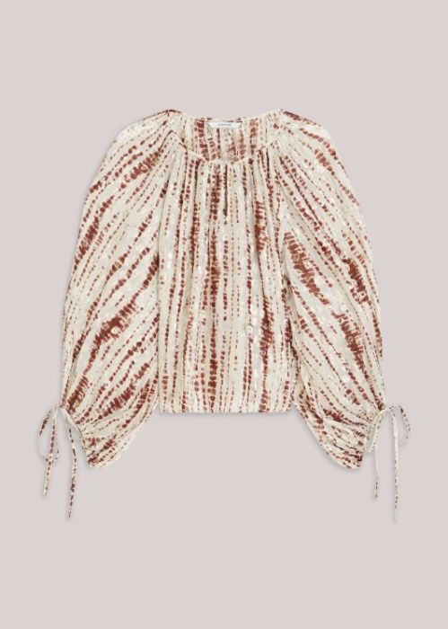 Summum top in veelkleurige tie-dye georgette 2s3421-12427 559 met wijde pofmouwen strikkoorden en gerimpelde hals
