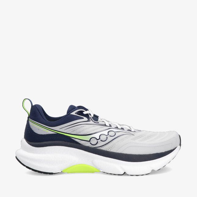 Grijze Saucony Omni ST 23 S21072 125 hardloopschoen in ademend mesh met marineblauwe en lime accenten en dikke zool