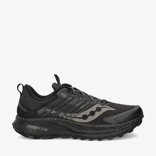 Zwarte Saucony RIDE TR2 GTX S20953 14 hardloopschoen van mesh met lage gevlekte middenzool trailprofiel en GORE-TEX detail